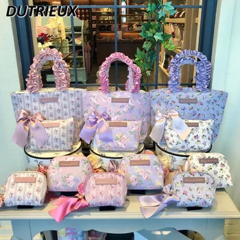 Модная сумка в японском стиле Сладкие милые косметички для дам Цветок Плиссированные Ручная переноска Лист лотоса Женские сумки