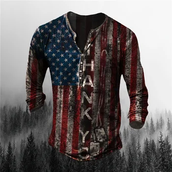 Мужская новая рубашка с рисунком американского флага в винтажном стиле Новая летняя мужская рубашка оверсайз с длинным рукавом и V-образным вырезом на пуговицах