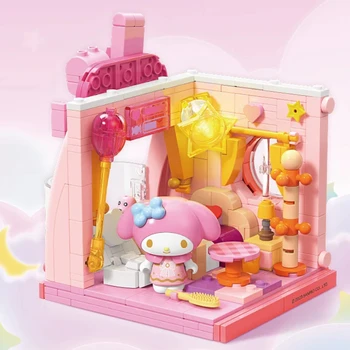 Новые строительные блоки Sanrio Hello Kitty Cinnamoroll Pochacco Kuromi Villa Street Scene Собранная модель Орнамент Игрушка Adviento Подарок