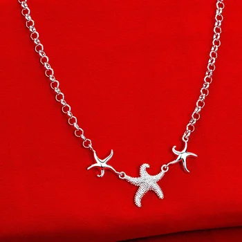  Новый горячий 925 пробы стерлингового серебра Красивое ожерелье с тремя морскими звездами для женщин 18 дюймов Модные ювелирные изделия Подарок свадьба