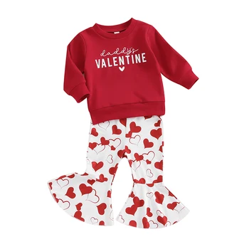 Одежда для девочек малышей Расклешенные брюки и пуловер с длинным рукавом Набор толстовок Наряды ко Дню святого Валентина