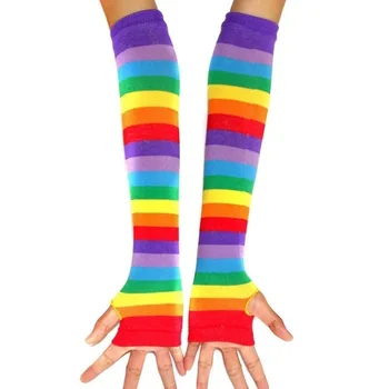 Осень и зима Теплые многоцветные перчатки Перчатки в радужную полоску Носки Панк Готика Рок Цвет Длинная рука Грелка Наборы без пальцев