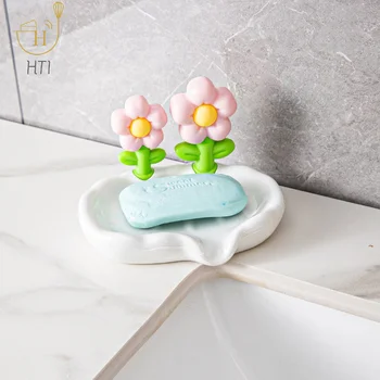 Пластиковая мыльница с милым цветком, сливной лоток для мыла, самодренирующийся держатель для мыла, стойка для хранения мыла для аксессуаров для ванной комнаты