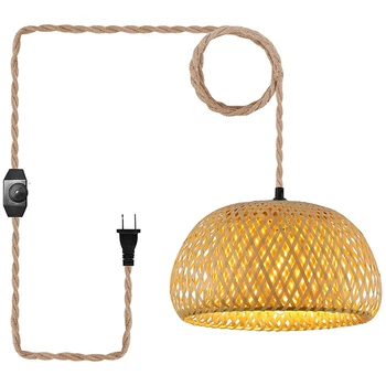  Подключаемый подвесной светильник Подвесной светильник с переключателем Джутовый веревочный шнур Бамбуковый абажур Плетеные ротанговые подвесные светильники США Вилка