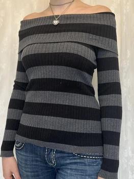 полосатый свитер рубашка с открытыми плечами пуловер топы женские осенние корейские харадзюку с длинным рукавом женский тонкий джемпер Y2K Streetwear