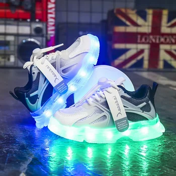  Размер 25-36 Детская повседневная обувь USB Зарядное устройство Светящийся светодиодный свет Обувь Дышащая сетка Кроссовки для детей Мальчики Девочки Спортивная обувь