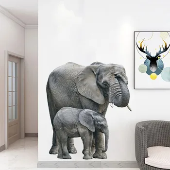  Реалистичные животные Реалистичные два слона мама и ребенок Наклейки на стену для детской комнаты Детская комната Детский сад Декор стены