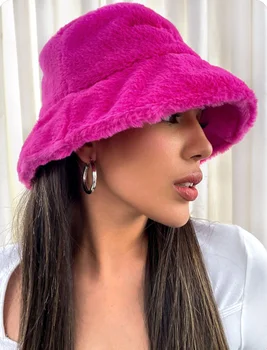 Розово-красная плюшевая рыбацкая шапка для мужчин и женщин Осенне-зимняя шляпа Модная теплая шляпа-ведро
