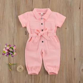 Розовый джинсовый комбинезон для девочки Малыш Детская рабочая одежда Малыш Стоячий воротник Карман Комбинезон с коротким рукавом для детей