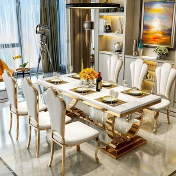 Роскошный скандинавский обеденный стол Современный простой белый кухонный стол Золотой сланец Mesa Comedor Tisch Домашняя мебель HD50CZ