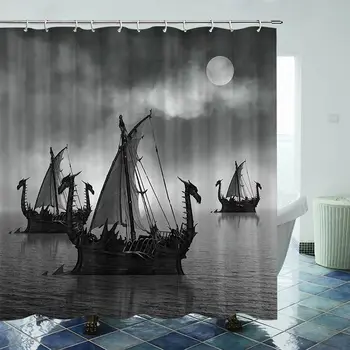 Скандинавские викинги Корабль Душ Занавеска Фантазийная лодка Искусство Черно-белый цвет Парусный дракон для ванной комнаты с крючками