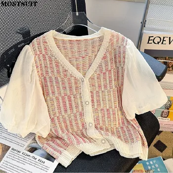 Стильный элегантный вязаный свитер кардиган женский пышный рукав V-образный вырез Однобортный трикотаж Лето Корейские винтажные модные джемперы