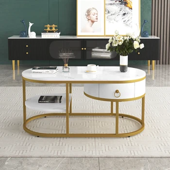 Стол для гостиной, журнальный столик под мрамор и золотую железную раму, с ящиками и полками. Приставной столик с золотыми ручками.