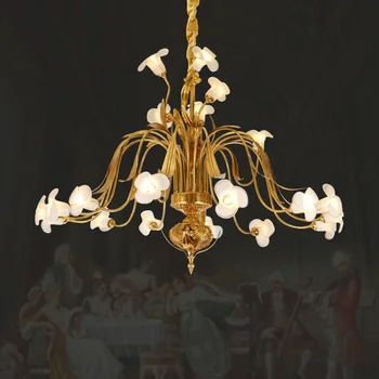 французский рококо медная люстра вилла гостиная столовая элегантный цветочный декор освещение европейский стиль латунь подвесной светильник