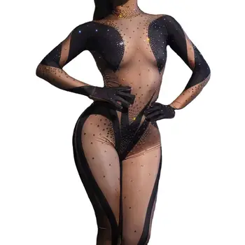 черные стразы эластичный комбинезон перчатки женщины пилон танцы костюм ночной клуб наряд вечеринка танцор выступление сценическая одежда