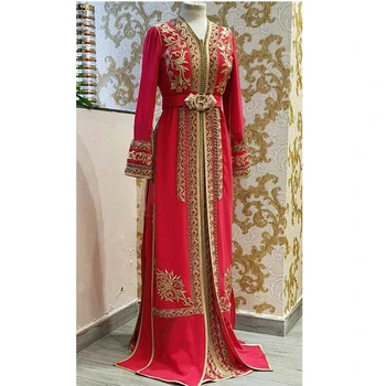 Элегантные марокканские кафтаны Красные вечерние платья с золотыми кружевными аппликациями Кристаллы Бисер Длинные рукава Атласные платья для вечеринок